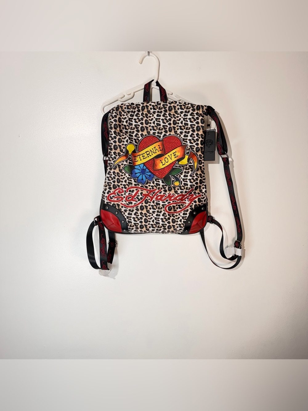 Ed Hardy Leopard Print Backpack with Red and Yellow Heart Graphic